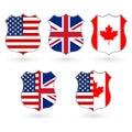 Flag of US, Canada and UK in the shape of a police badge. American, Canadian and British friendship symbol. Vector illustration. Royalty Free Stock Photo